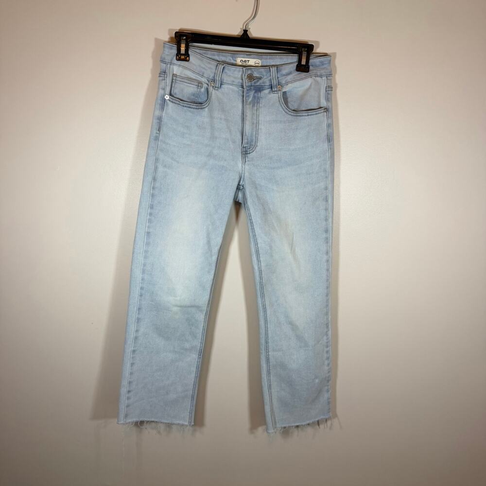 Oat New York Light Wash Blue Denim Cropped Straight Leg Jeans Womens 28 Raw Hem